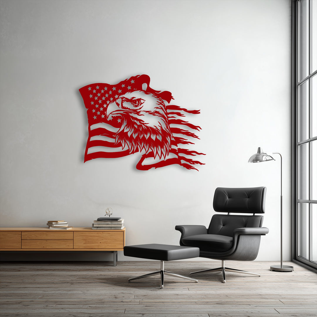 A dynamic, irregularly shaped unique metal wall art piece depicts a majestic eagle's head superimposed on a waving American flag.