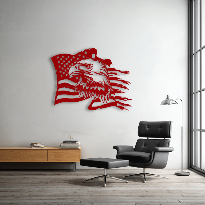 A dynamic, irregularly shaped unique metal wall art piece depicts a majestic eagle's head superimposed on a waving American flag.