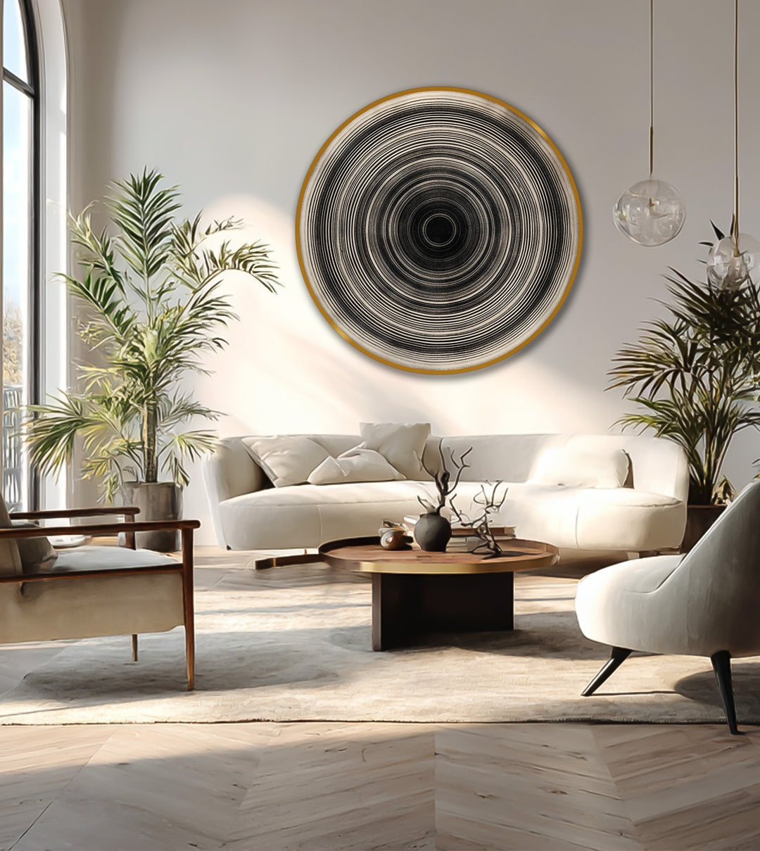 Rendered with realistic detail, a round wooden oil painting wall art showcases monochrome concentric lines, merging minimalist design with elegant home decoration.