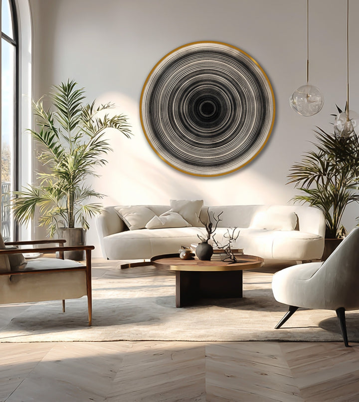 Rendered with realistic detail, a round wooden oil painting wall art showcases monochrome concentric lines, merging minimalist design with elegant home decoration.