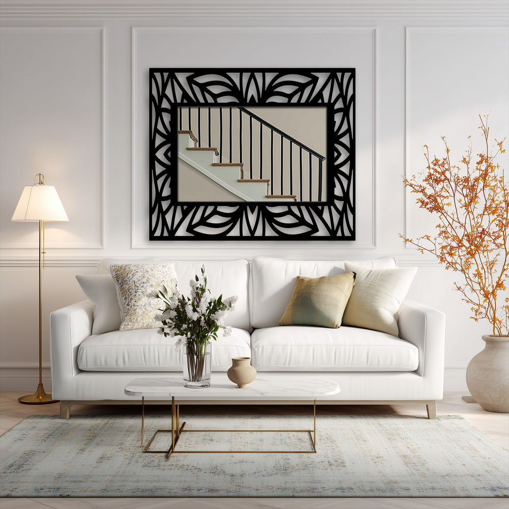 Showcasing the layering effect, this metal wall art decoration wall art presents a floor mirror framed in a black tropical leaf silhouette design, enhancing depth.