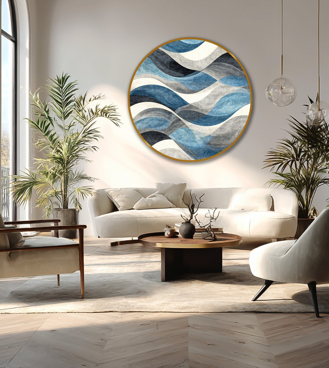 Displayed in a contemporary space, the ocean rhythm abstract round oil painting art prints feature textured blue waves encased in a golden frame, becoming the central focal point.