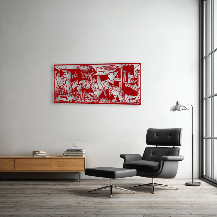 A bold red abstract Guernica style metal wall decor panel brightly accents a contemporary white room.