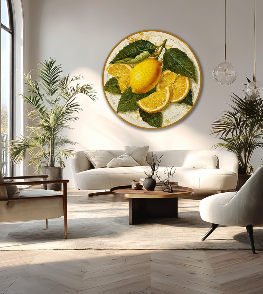 Illuminated by the brightest area, this oil painting home decor showcases a round, rustic lemon still life with vintage citrus charm.