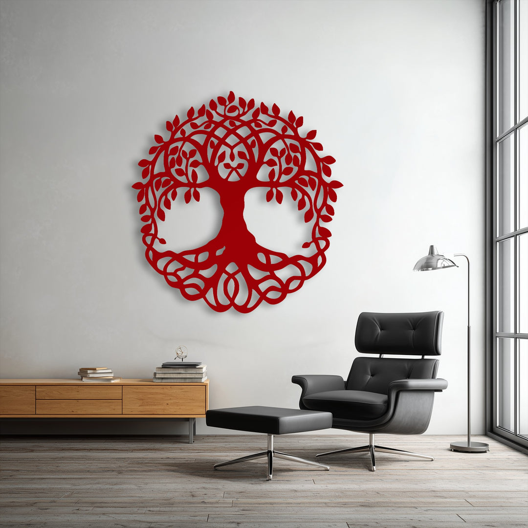 Vibrant red Celtic Tree of Life metal decoration wall art depicting eternal harmony, standing out against a light wall.