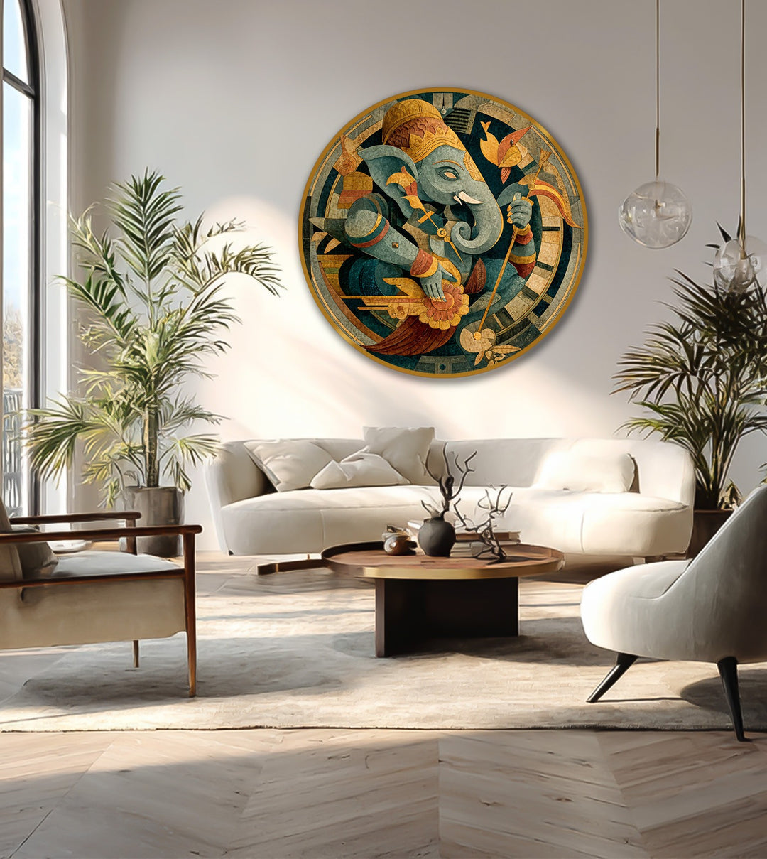 Featuring flowing, organic forms, this oil painting reproduction print depicts a Ganesha circle with the mythological round art accentuated by curvilinear lines and shapes.