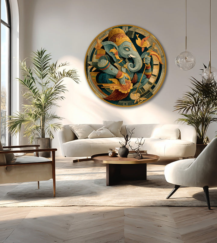 Featuring flowing, organic forms, this oil painting reproduction print depicts a Ganesha circle with the mythological round art accentuated by curvilinear lines and shapes.
