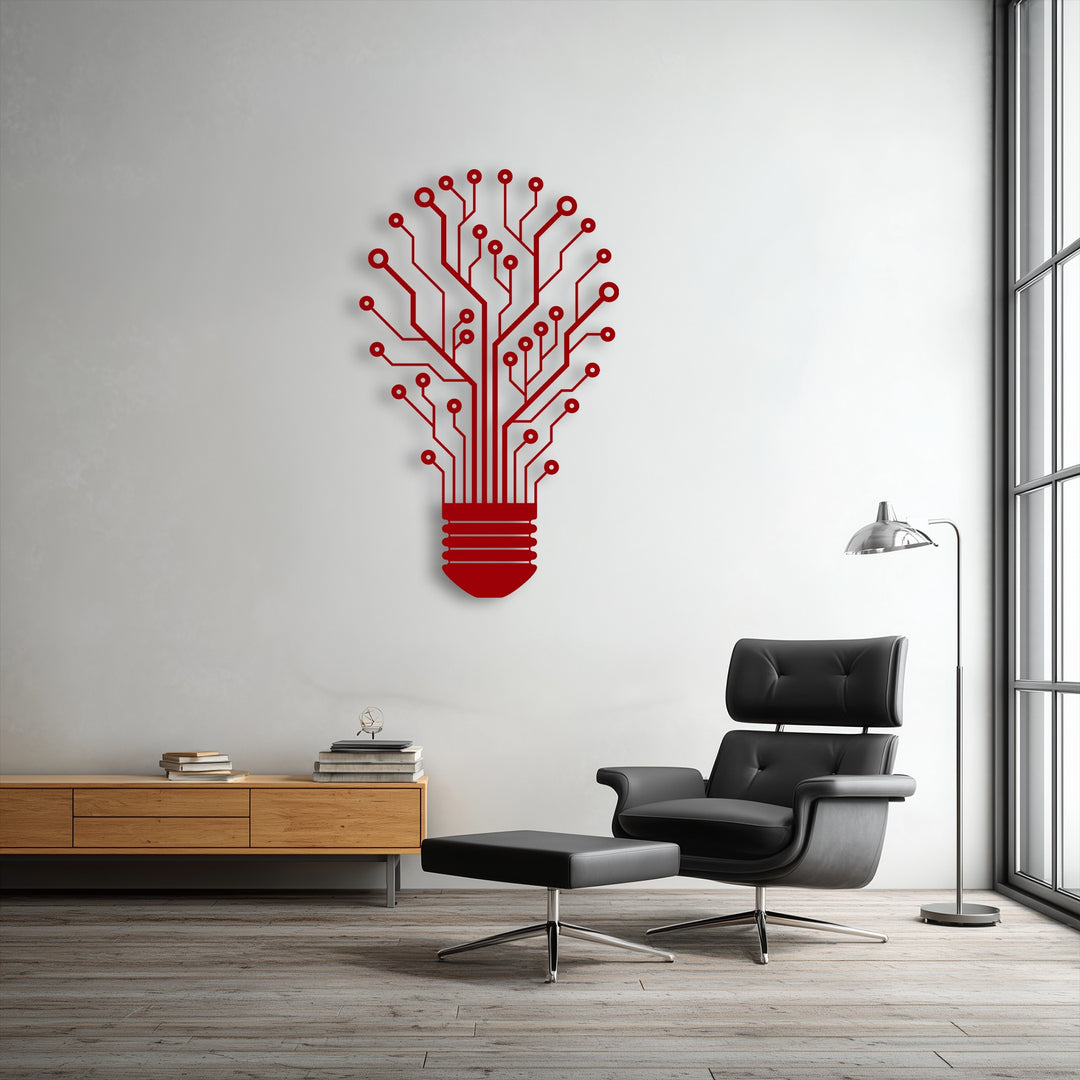 Against a subtly textured off-white wall, a striking red circuit board lightbulb metal art for wall piece stands out, symbolizing innovation.