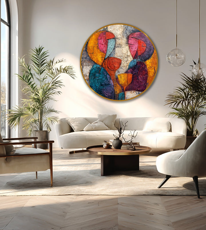 Textured surfaces and saturated hues define the material quality of this round abstract oil painting, showcasing modern oil painting art through its vibrant depiction of lovers.