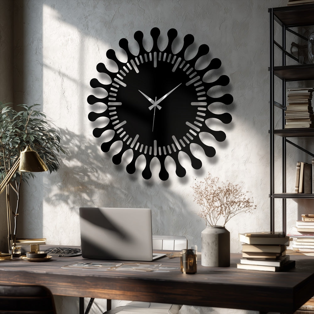 Circular modern sunburst decorative metal art clock, oriented in a prominent display with a unique, spiky shape enhancing the home decor.