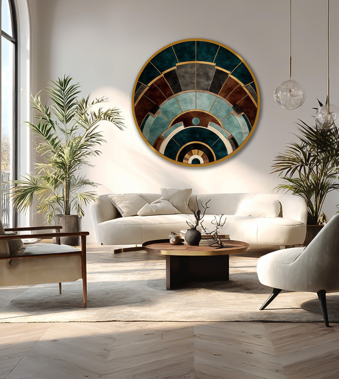 Layering effect showcased in the Architectural Arcs geometric round wooden oil painting art piece, creating depth and interest through its bold concentric design.