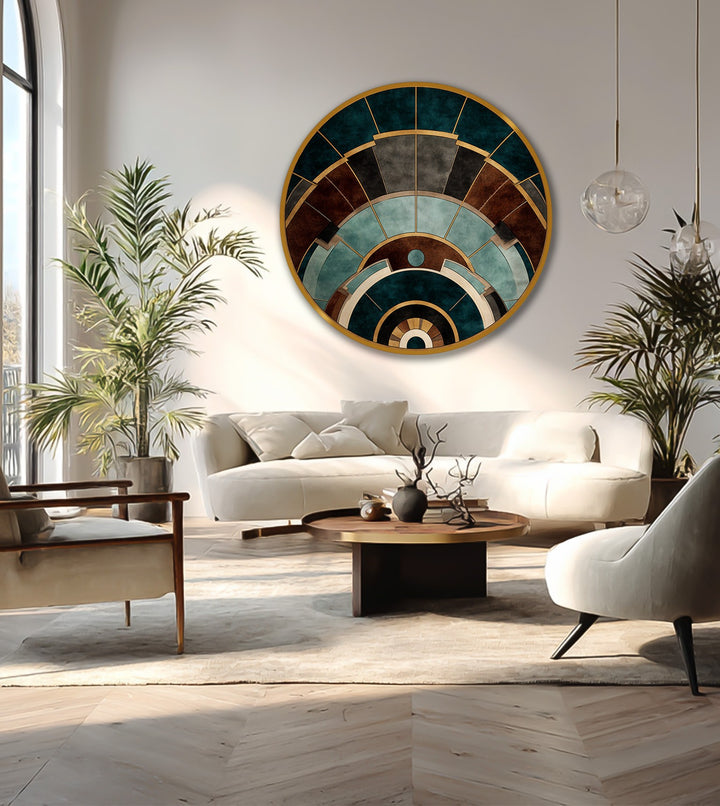 Layering effect showcased in the Architectural Arcs geometric round wooden oil painting art piece, creating depth and interest through its bold concentric design.