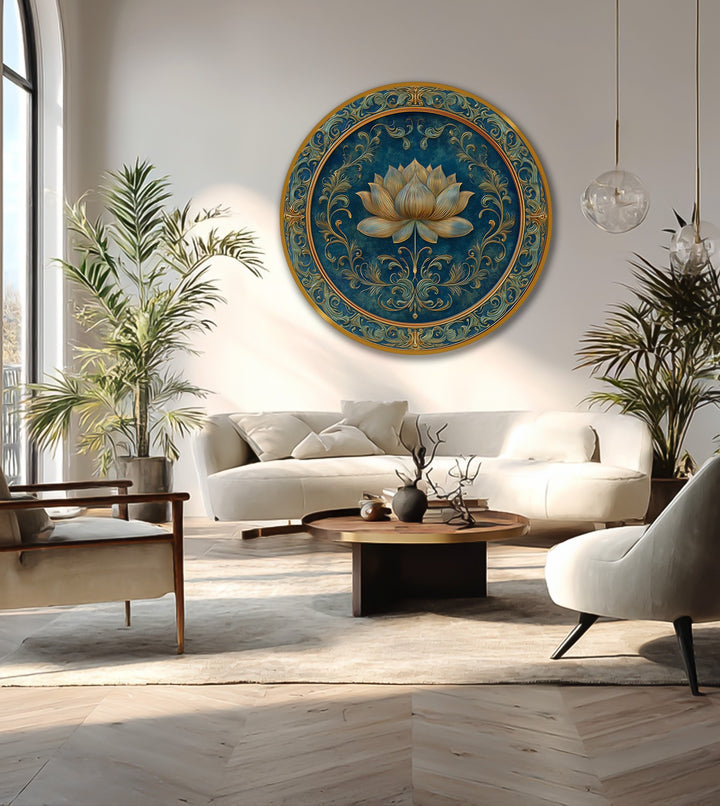 Negative space highlights the ornate floral details surrounding the lotus in this golden lotus elegance oil painting art piece, creating a captivating circular design.