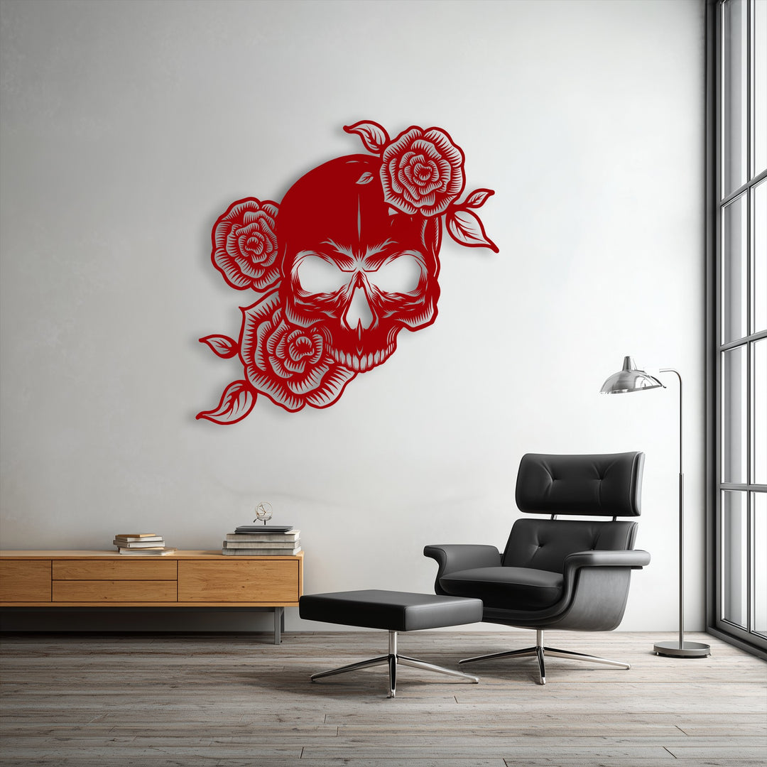 Light and shadow interplay beautifully on the red floral skull metal decoration wall art, emphasizing its intricate gothic rose and skeleton design.