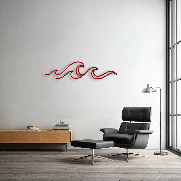 The bright white wall showcases a vibrant red minimalist wave line, perfect as metal art for wall decor.