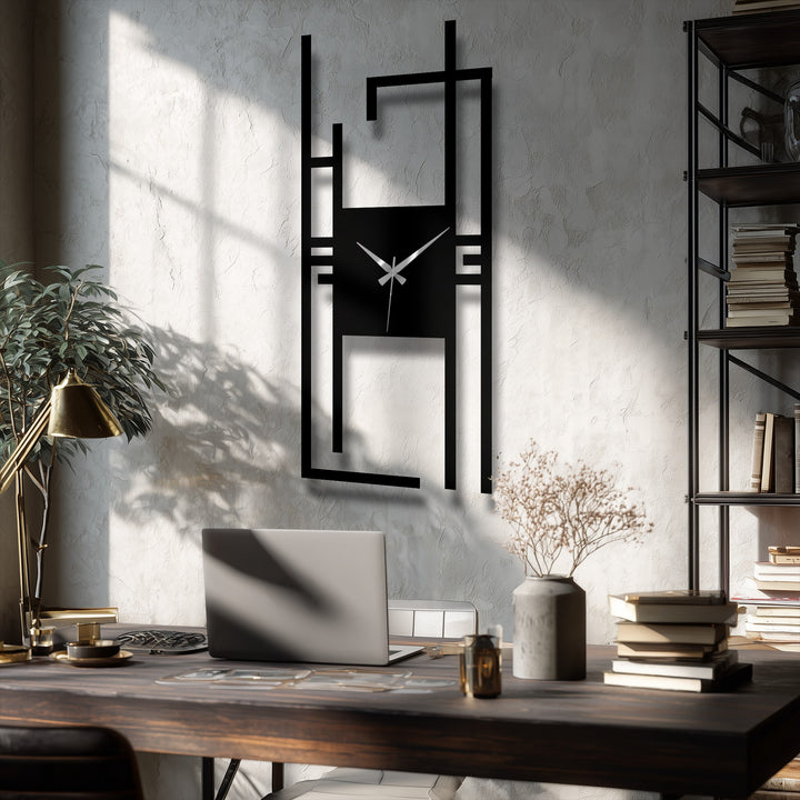 Cascading geometric lines evoke a sense of time in motion within the modern vertical abstract metal artwork of this wall clock.