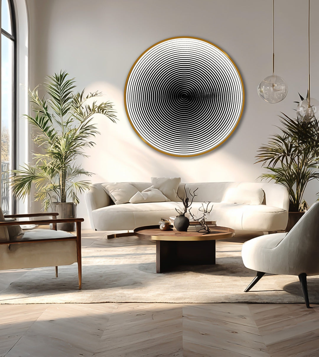The mesmerizing, circular oil painting art prints of hypnotic concentric lines form the central subject in this minimalist wooden wall art.