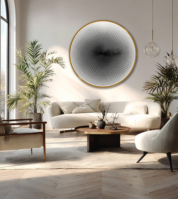 The mesmerizing, circular oil painting art prints of hypnotic concentric lines form the central subject in this minimalist wooden wall art.