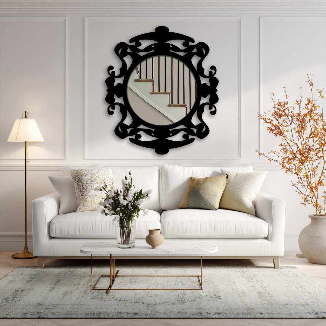 Black is the dominant color in this ornate round floor mirror with a black metal frame, a striking piece of metal artwork for a modern interior.
