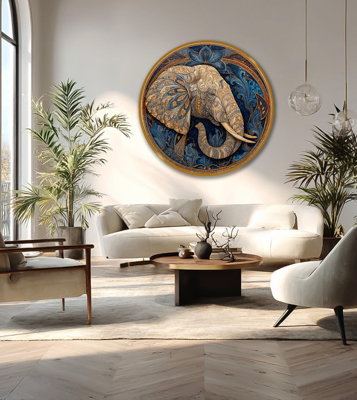 Finely crafted oil painting artwork showcases an ornate elephant with lotus and gold accents, highlighting its detailed and textured composition.