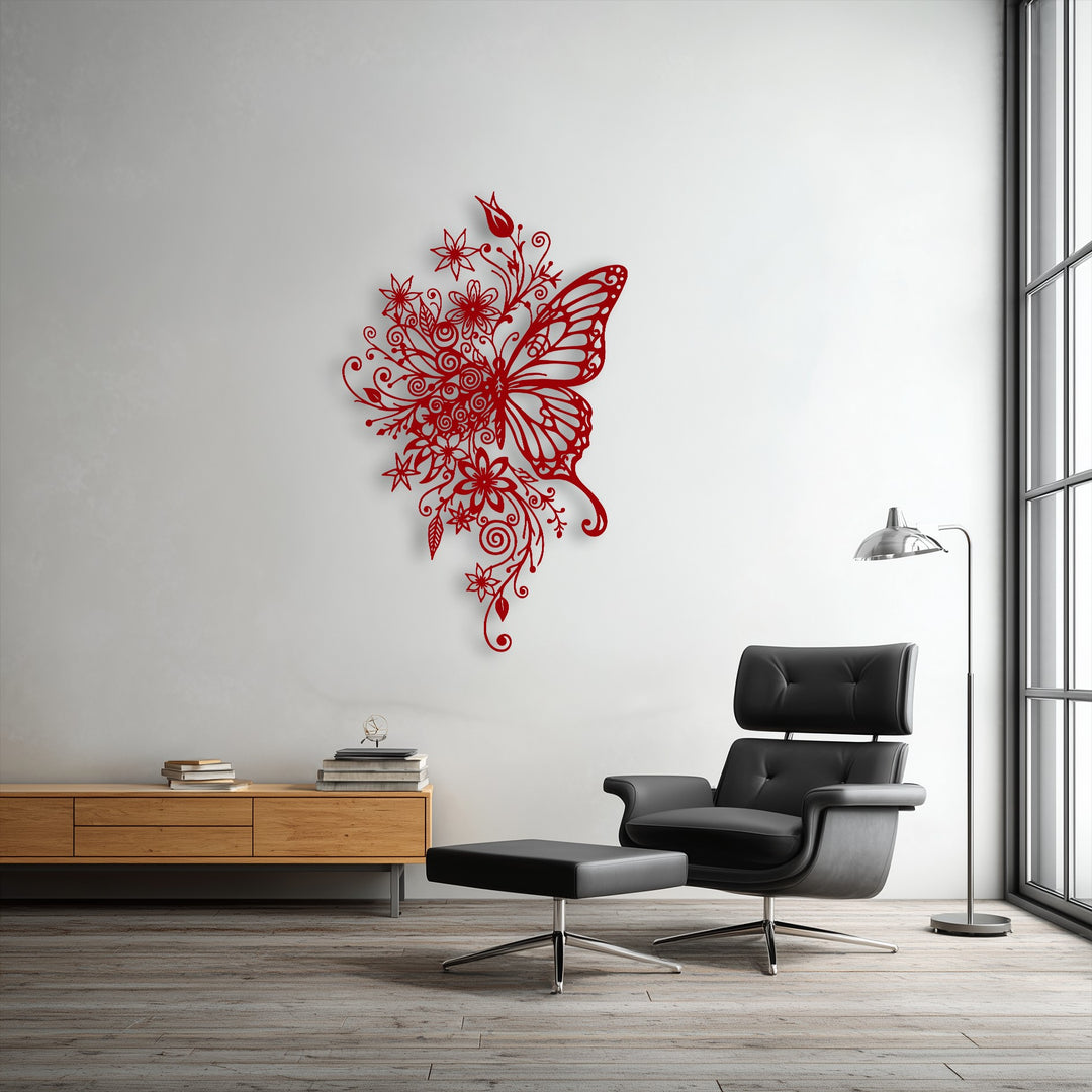The striking vibrant red floral butterfly metal art for wall dramatically stands out against a bright white wall in a stylish room.