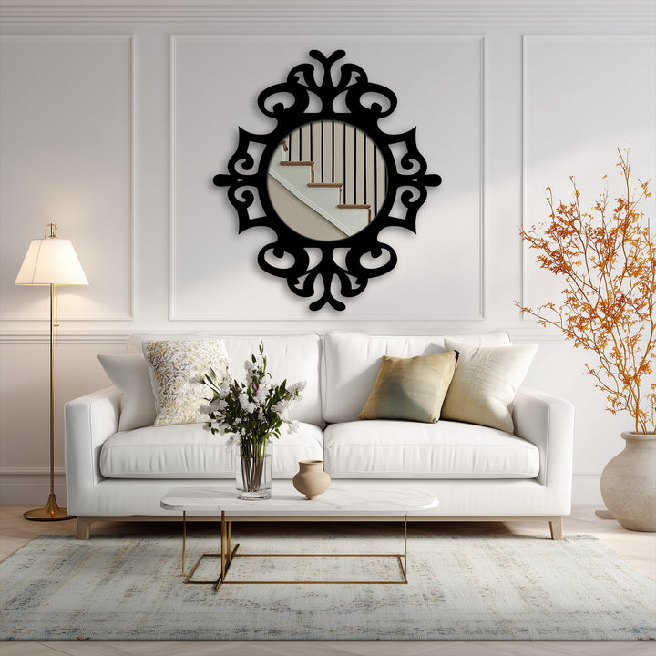 White paneled walls create a clean backdrop for this elegant ornate round floor mirror, offering a stylish contrast to the black metal art for wall.