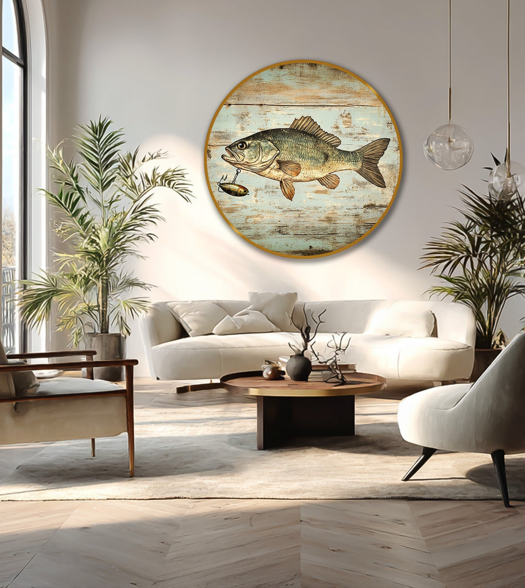 Rustic catch vintage bass fish round oil painting artwork is the loudest element, making it an eye-catching piece of home decor.