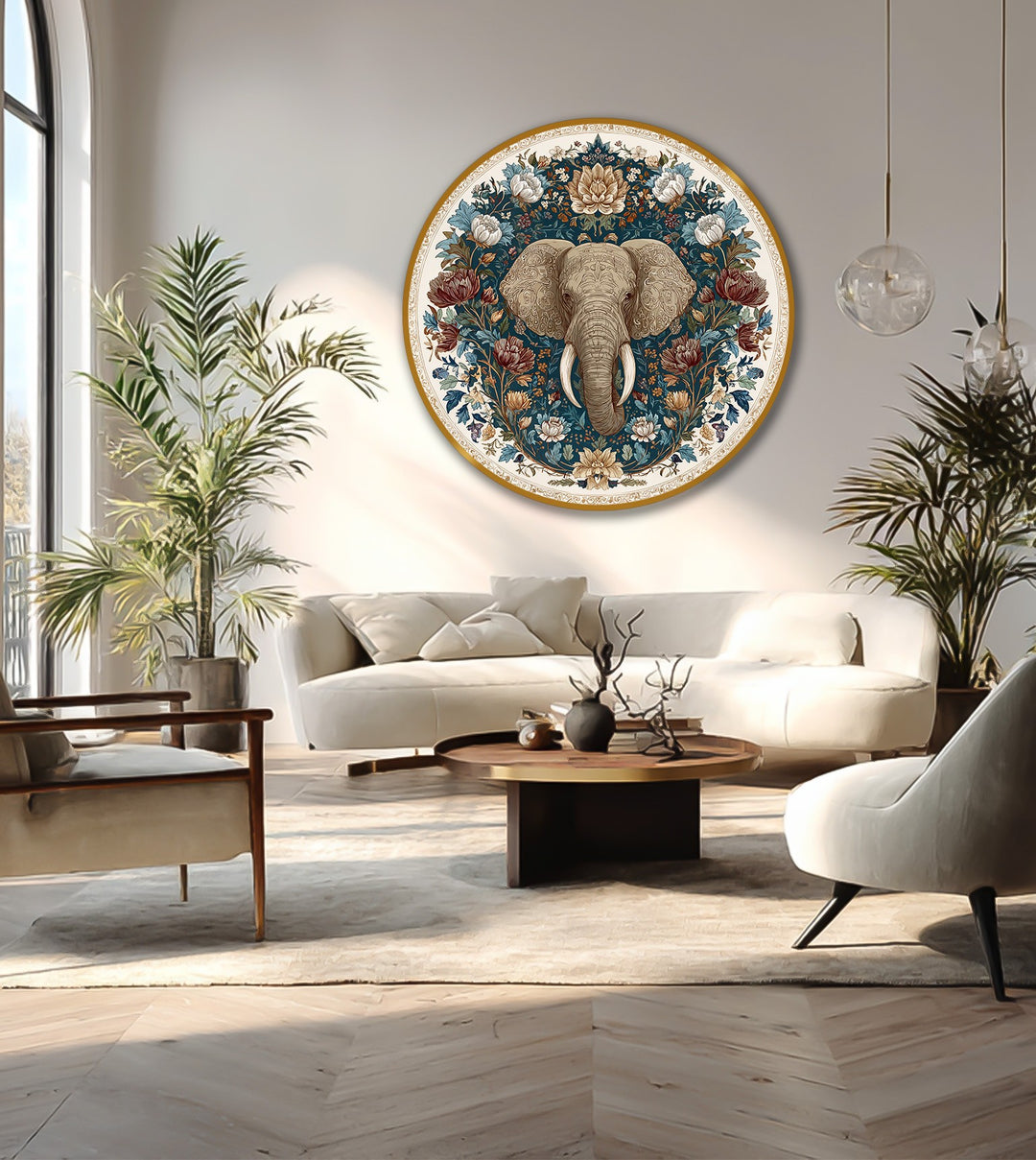 Highlighting a striking color contrast, the floral majesty elephant round oil painting decoration features a detailed elephant set against a backdrop of deep, rich floral elements.