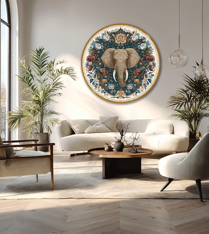 Highlighting a striking color contrast, the floral majesty elephant round oil painting decoration features a detailed elephant set against a backdrop of deep, rich floral elements.