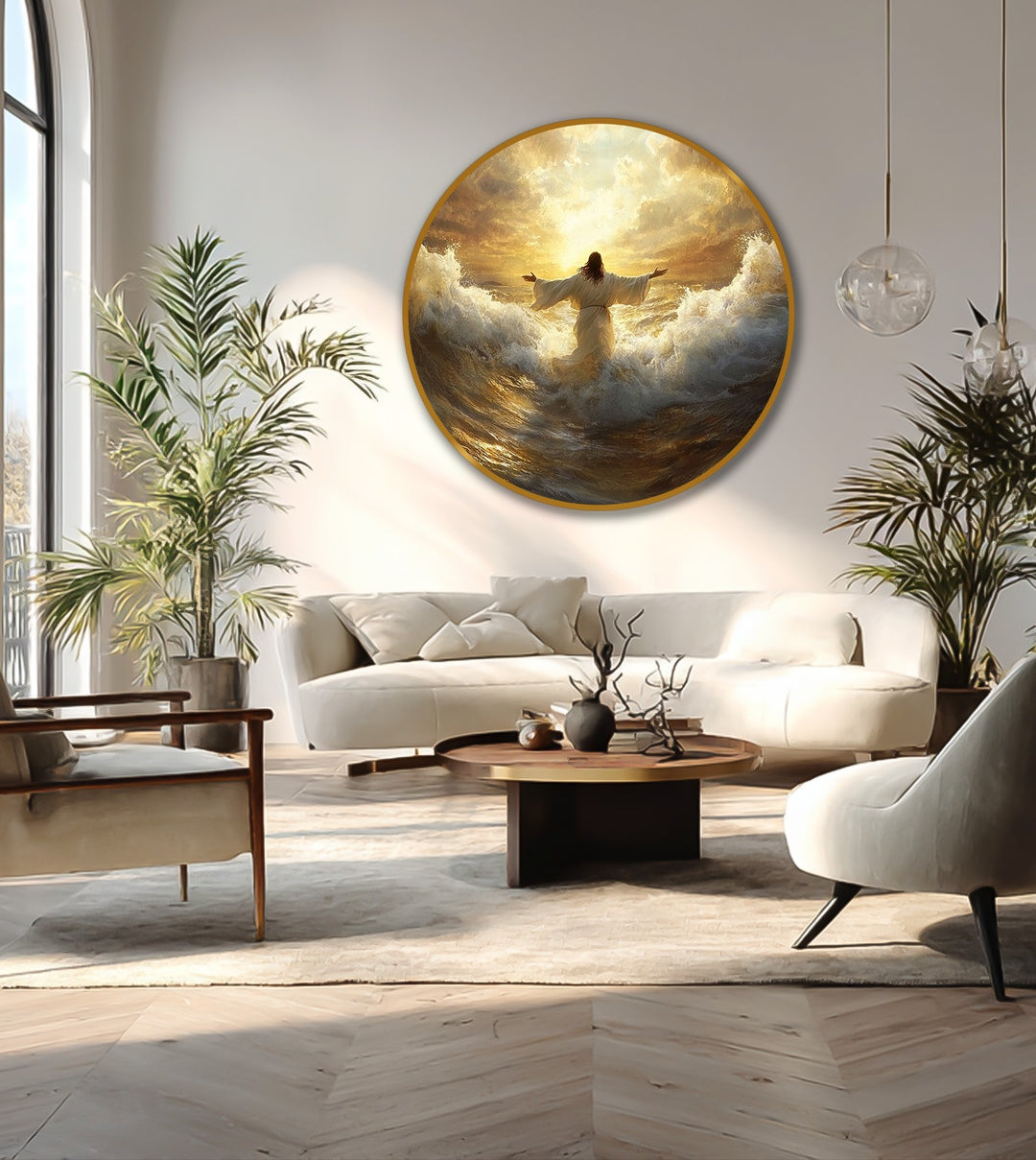 Horizontal, round Radiant Faith oil painting decoration features a golden sunrise over a tumultuous sea with a person walking on the water.