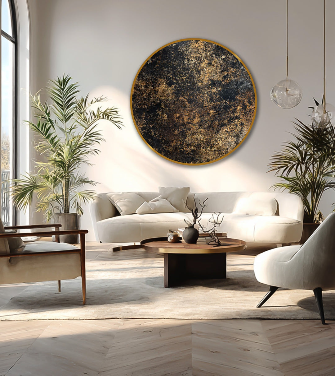 Negative space highlights the round wooden frame accentuating a moody and artistic design of the oil painting art prints depicting a midnight gold texture.