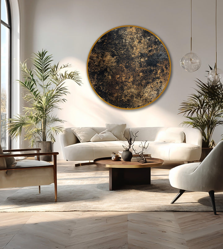 Negative space highlights the round wooden frame accentuating a moody and artistic design of the oil painting art prints depicting a midnight gold texture.