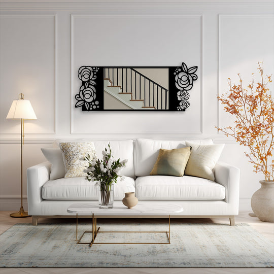 Focusing on the mirror's black metal rose motif, a decoration wall art piece reflecting a staircase adorns a stylish living room.