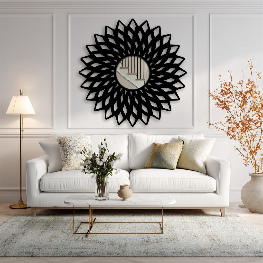 Delicate surface texture on a bathroom mirror is accentuated by a geometric flower design with a black metal frame, creating a modern and stylish accent.
