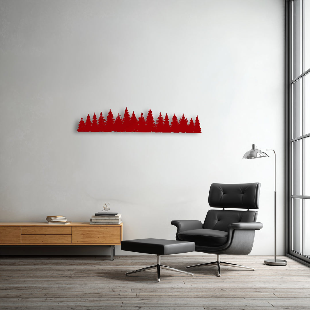 Crisp, cool-toned lighting highlights the vibrant red pine forest silhouette decorative metal art, creating a striking focal point.