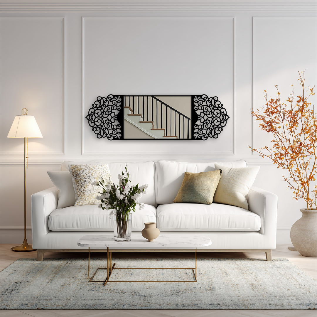 Foreground reveals decorative metal art in an arabesque arch frame floor mirror featuring an elegant black metal design resting above a couch.