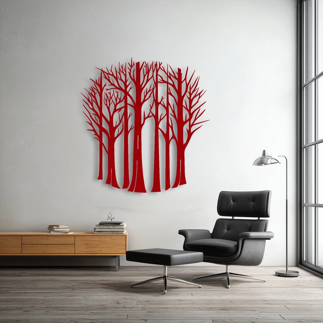 Reflecting a tranquil calm, the bare forest trees unique metal wall art adds a sense of stillness to this elegant living space.