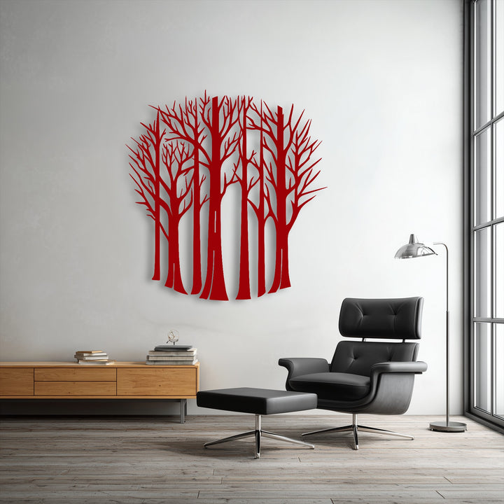 Reflecting a tranquil calm, the bare forest trees unique metal wall art adds a sense of stillness to this elegant living space.