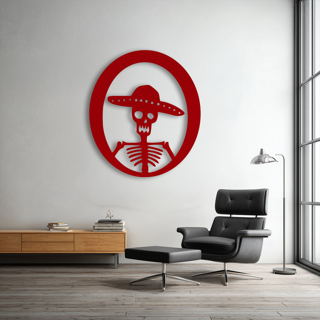 The smooth, matte finish of the red Sombrero Skeleton Metal Wall Art creates striking decoration wall art against a subtly textured wall.