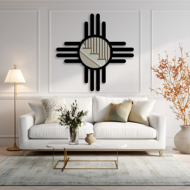 The radiating pattern of this modern mirror, a cross-line design in black, evokes a dynamic sense of movement and energy, adding a bold decorative wall art touch.