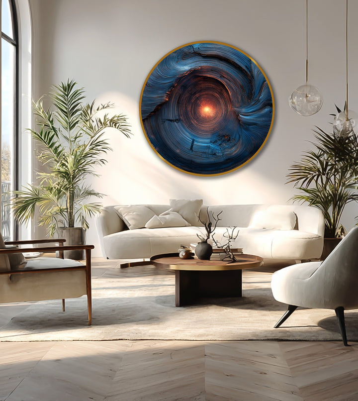 Dominated by deep blues, the celestial core abstract spiral round oil painting on wood makes a striking oil painting decoration, featuring a glowing center.