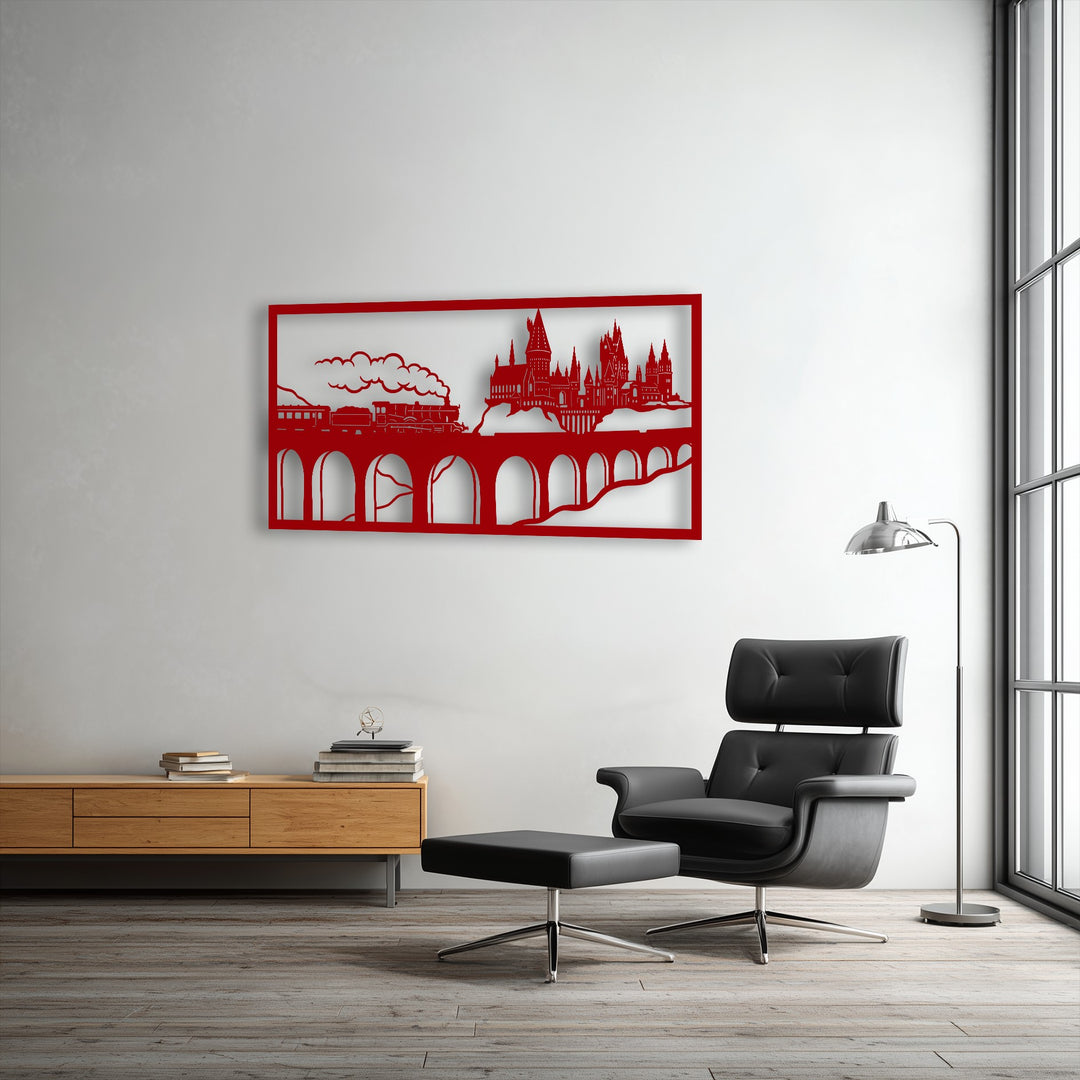 The pristine white wall, the brightest area, highlights the vibrant red Wizard Castle Train Scene metal art for wall, creating a striking fantasy focal point.