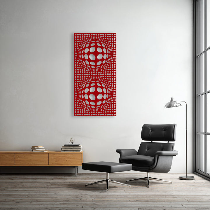 In the foreground, a sleek black leather armchair and ottoman complement the vibrant red hypnotic geometric metal wall decor.