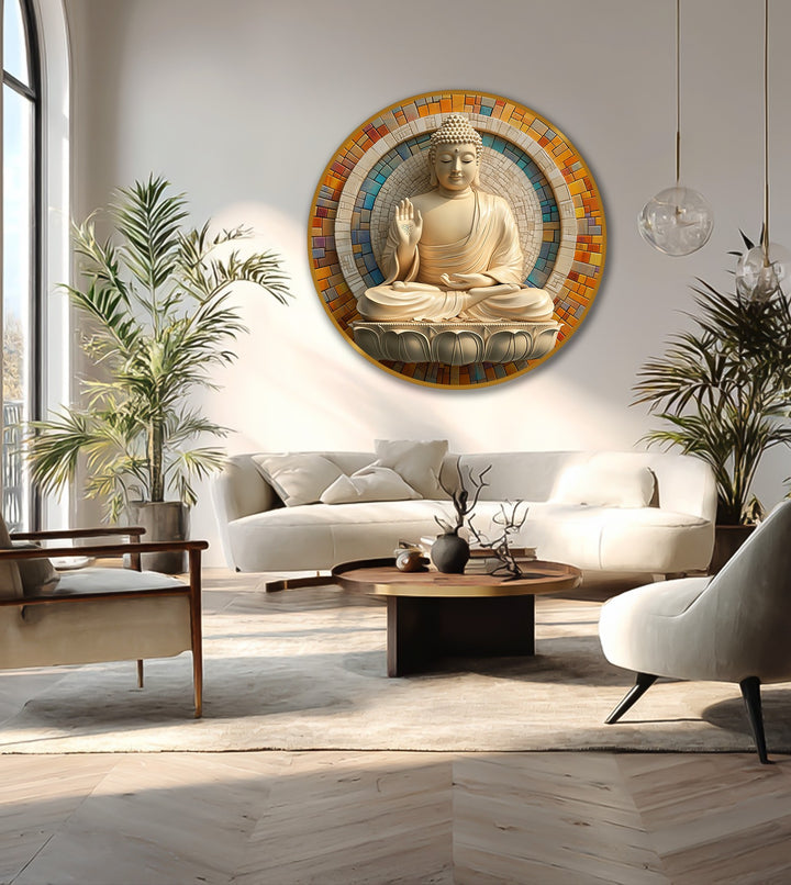 The swirling design surrounding the Buddha in this radiant blessing oil painting wall art creates a sense of movement, drawing the eye towards the central figure.
