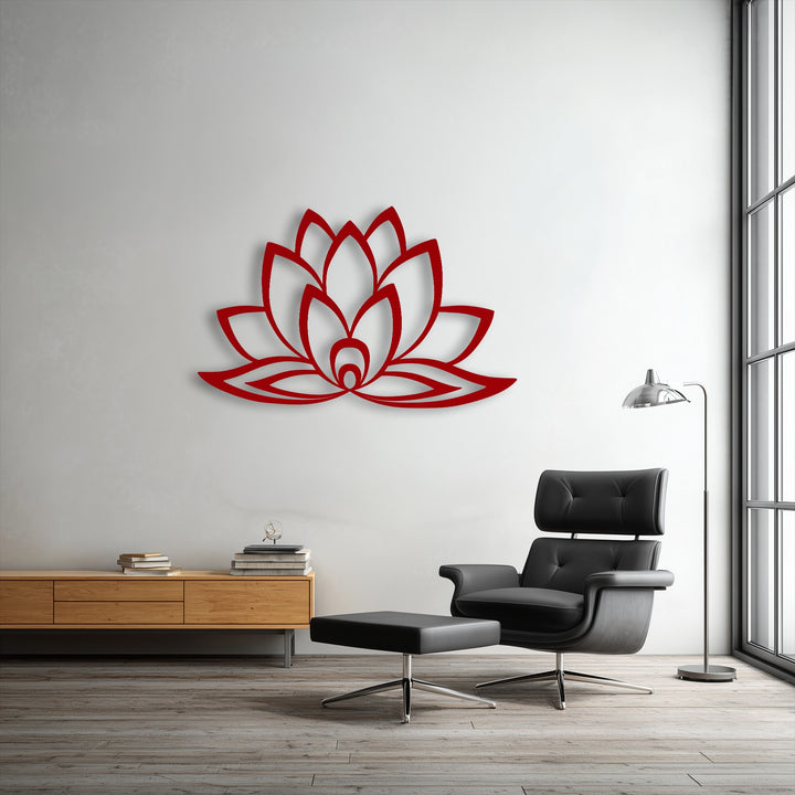 The pristine white wall serves as a clean background, highlighting the Minimal Lotus Bloom decoration wall art, complemented by light floorboards.
