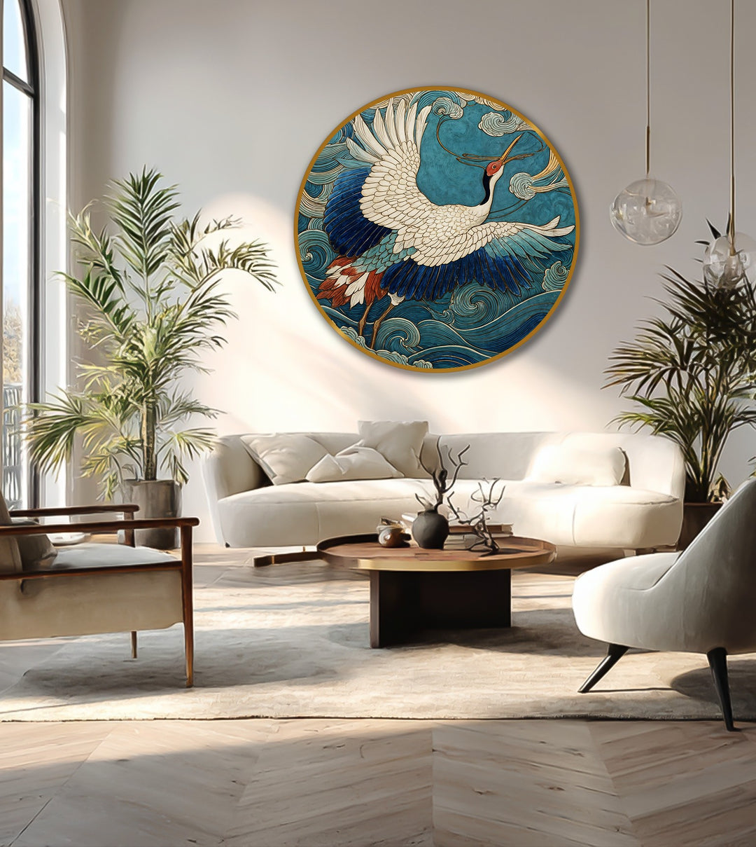 Featuring a delicate gold edge, this round, modern oil painting art showcases a graceful crane soaring over stylized ocean waves.
