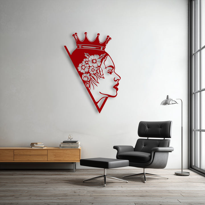 The organic forms of the detailed floral queen silhouette metal art for wall feature a beautifully crowned elegant woman.