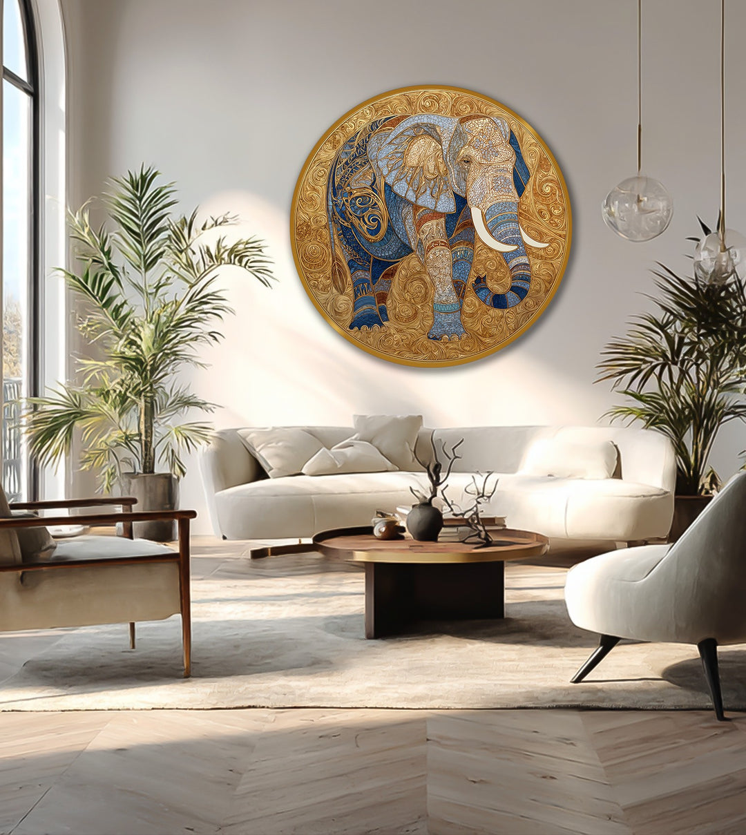 Soberano Dorado – Medallón de Elefante Ornamentado Redondo Cuadro al óleo