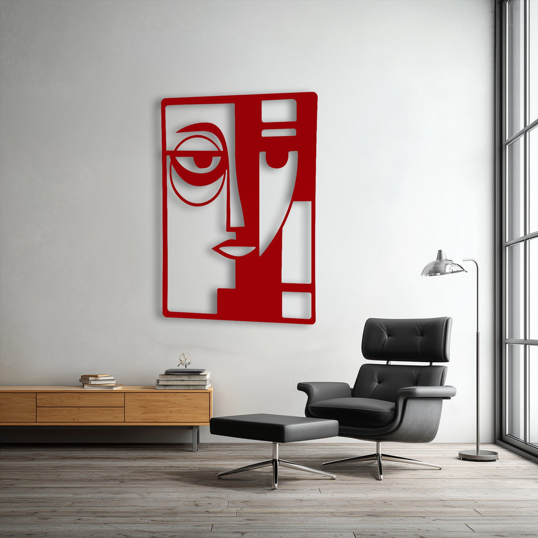 Strong light creates distinct shadows, highlighting the geometric lines of this red abstract unique metal wall art on a white wall.