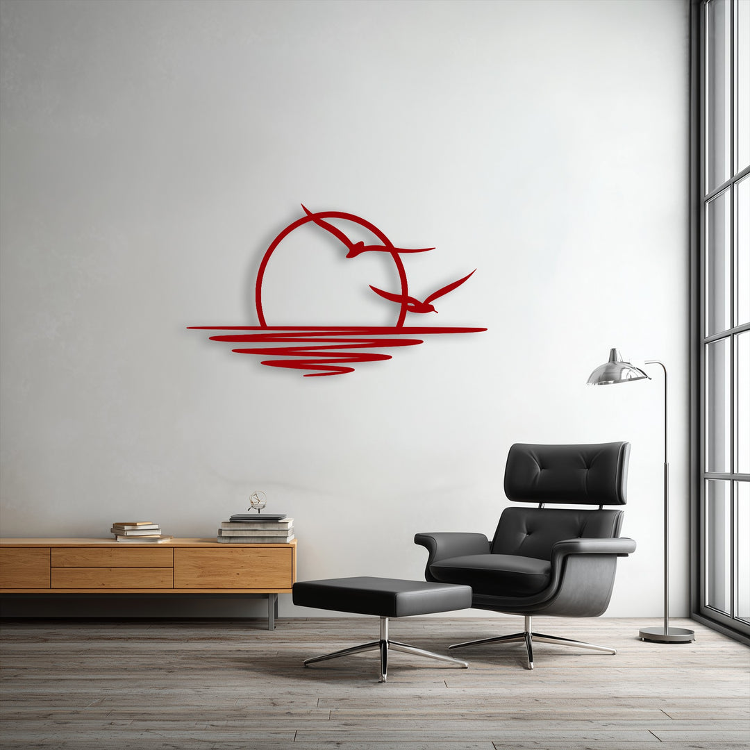 The clean, crisp edges of the red sunset seagull metal decoration wall art perfectly complement its coastal minimal decor.